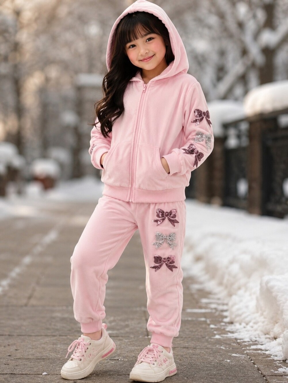 NEW Girls' Pink Hooded Velvet Track suit Set with Sparkle Bow Accents Size 8